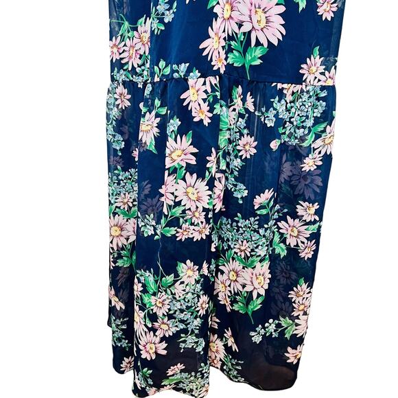 Betsey Johnson Maxi Dress 4 Blue Chiffon Flutter Sleeve Floral Open Back V-Neck - Picture 6 of 12